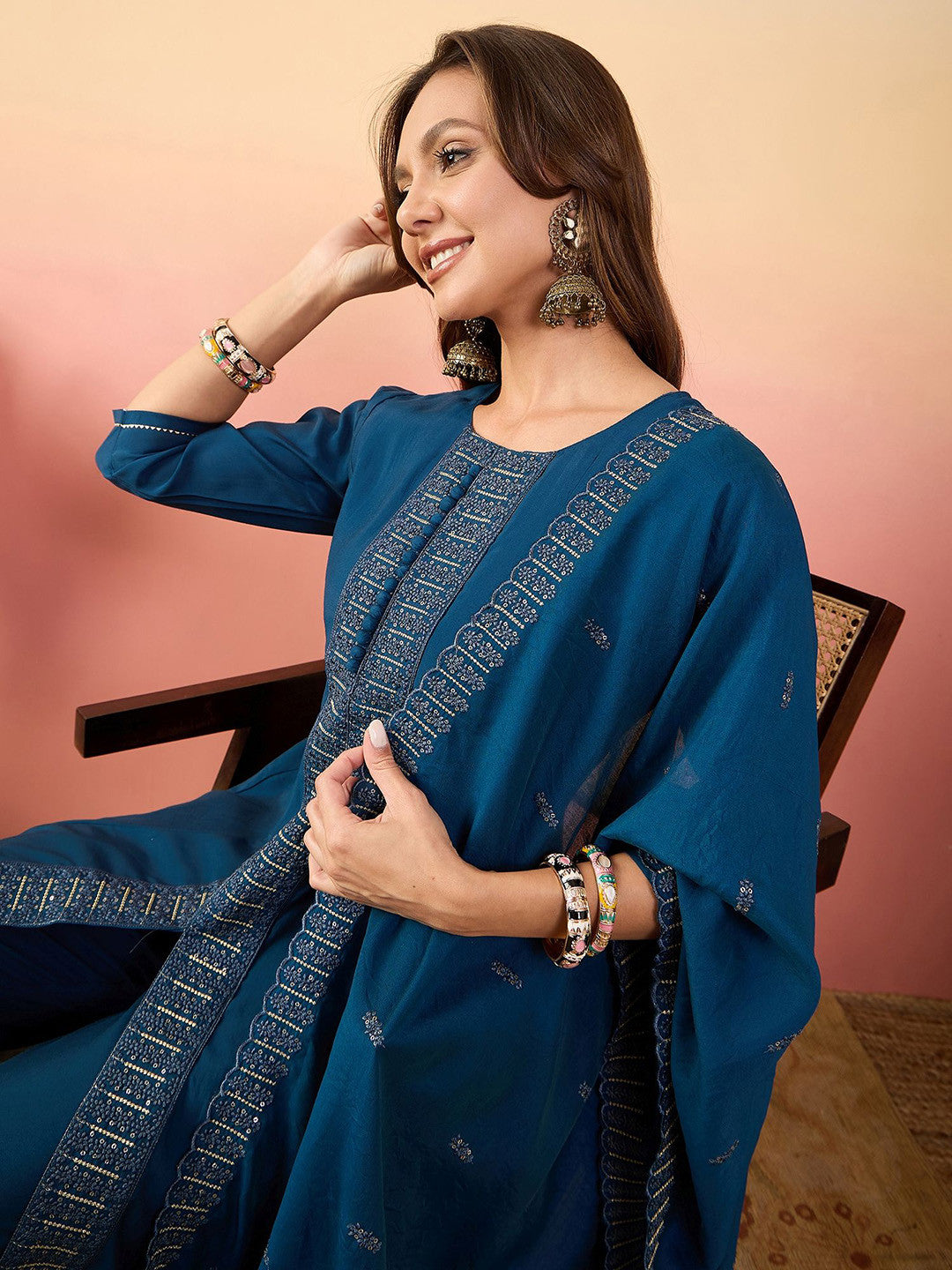 Embroidered A-Line Kurta Set With Dupatta
