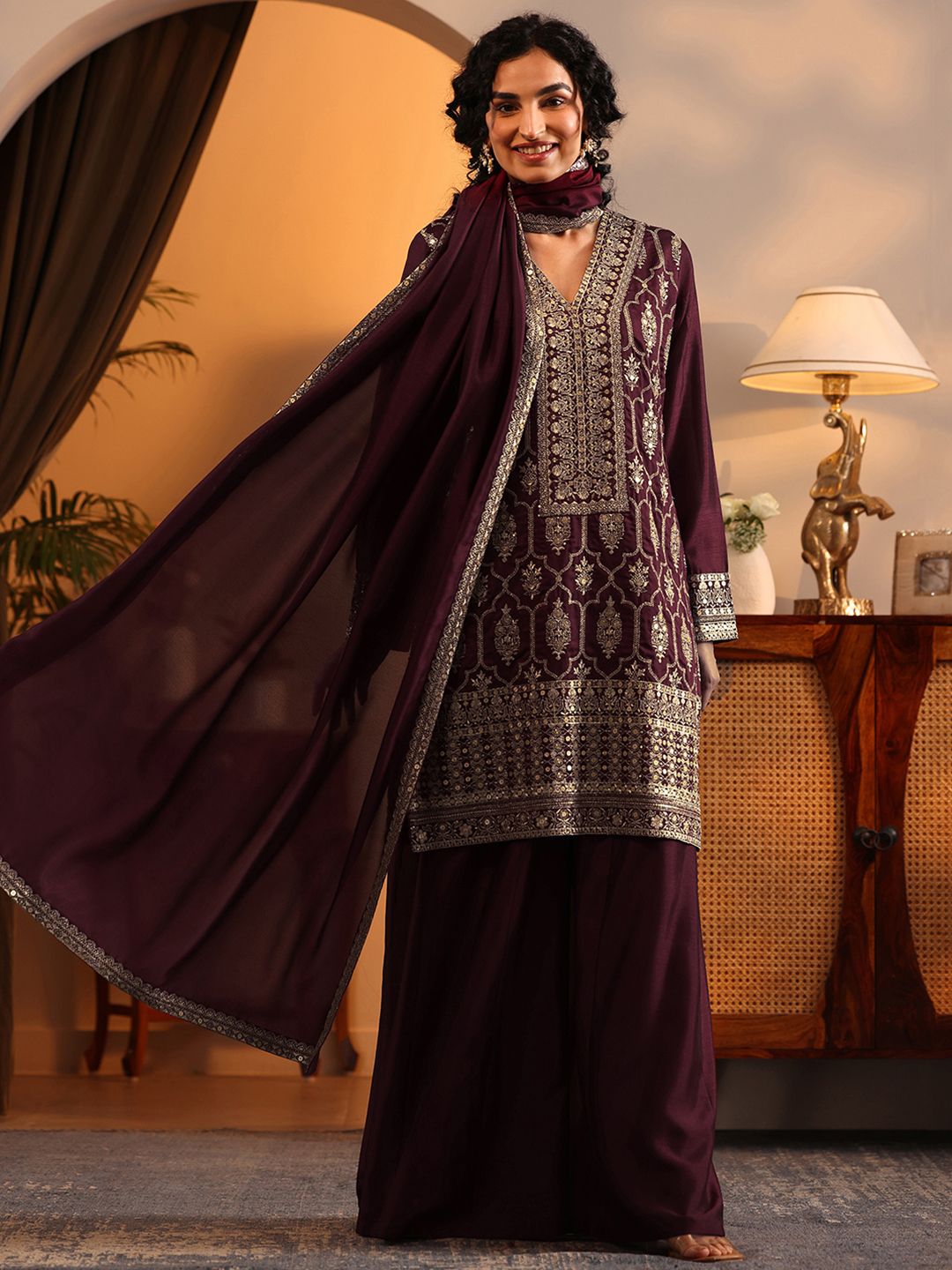Dhiyona LL Women Ethnic Motifs Embroidered Regular Kurta with Sharara & Dupatta