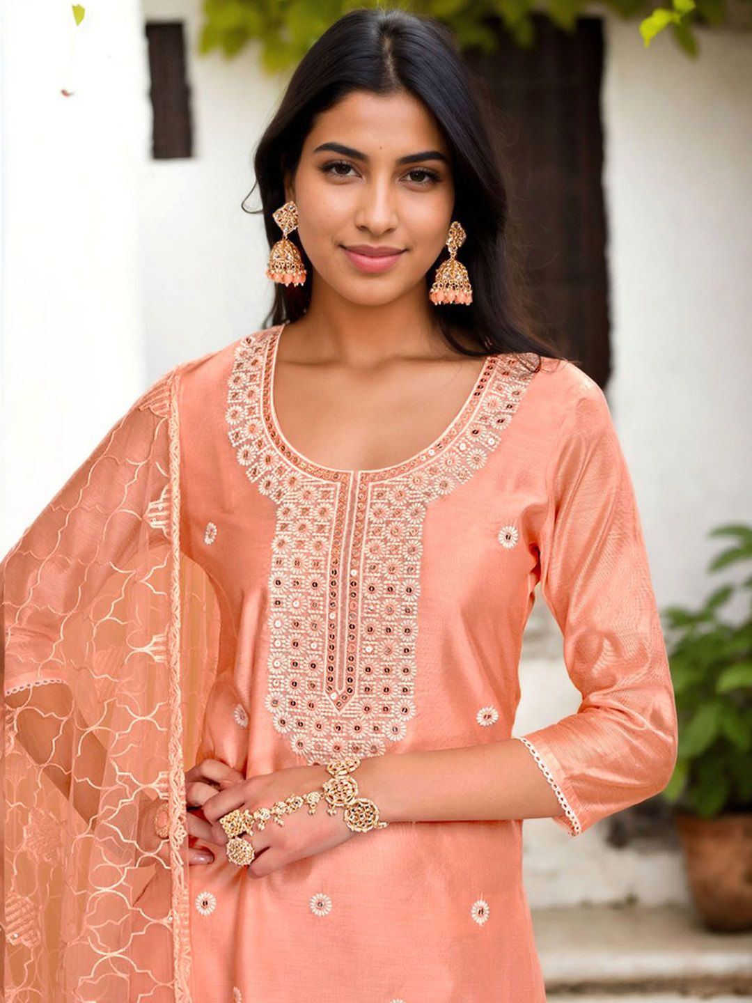 Dhiyona AN Women Embroidered Regular Thread Work Chanderi Cotton Kurta with Sharara & With Dupatta