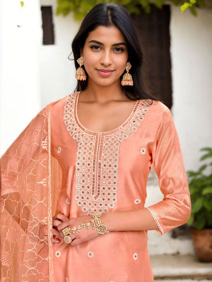 Dhiyona AN Women Embroidered Regular Thread Work Chanderi Cotton Kurta with Sharara & With Dupatta