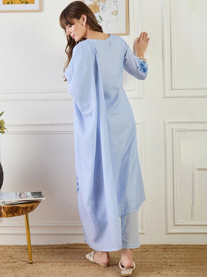 Women Floral Printed Regular Linen Kurta with Trousers & With Dupatta