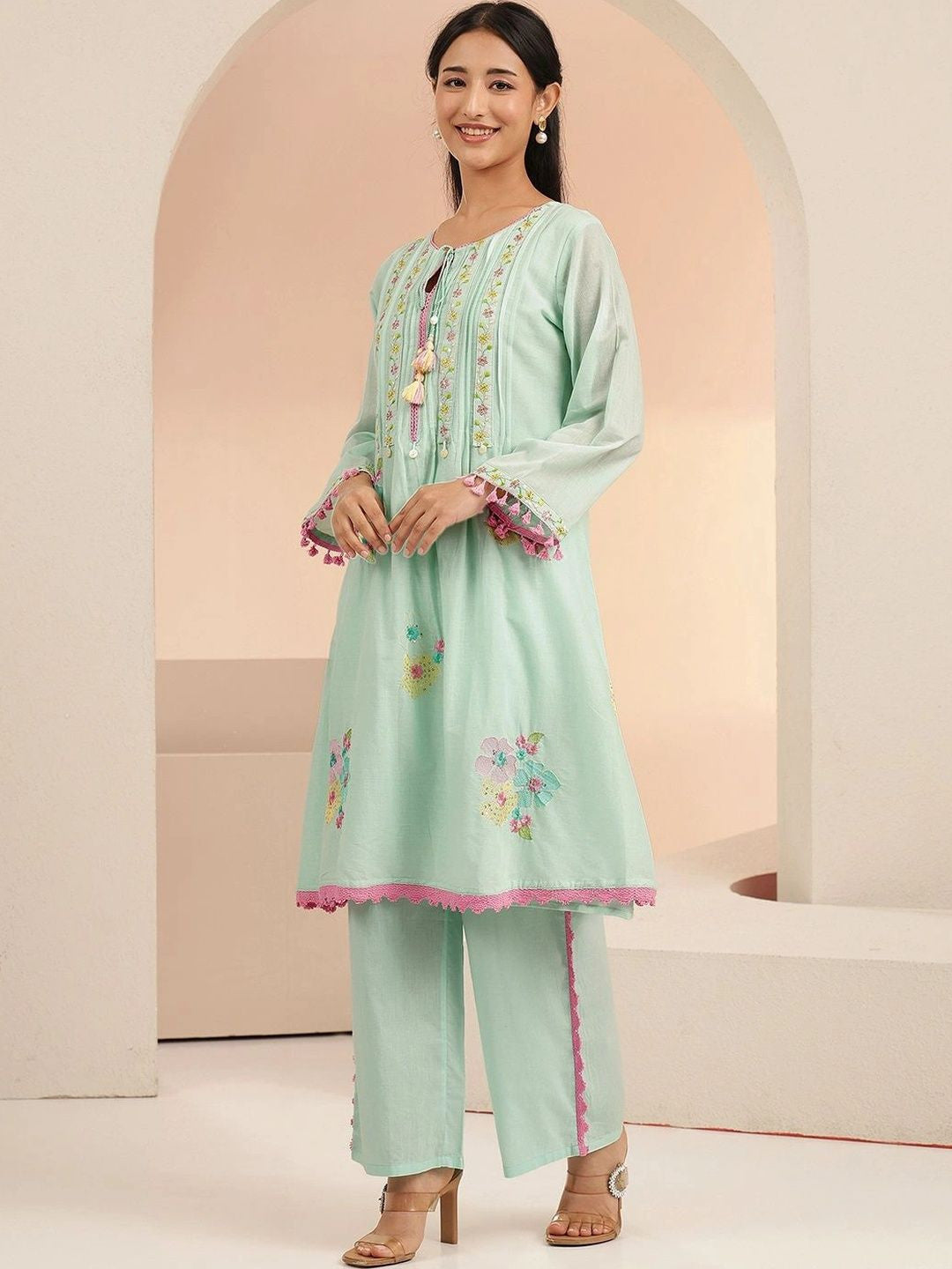 Ocean Blue Floral Embroidered Cotton A-Line Kurta Set