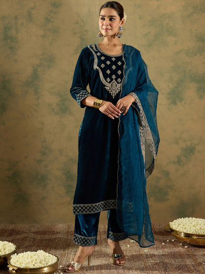 Floral Zari Embroidered Velvet Straight Kurta with Trouser & Dupatta