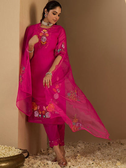 Women Floral Embroidered Regular Thread Work Kurta with Trousers & With Dupatta