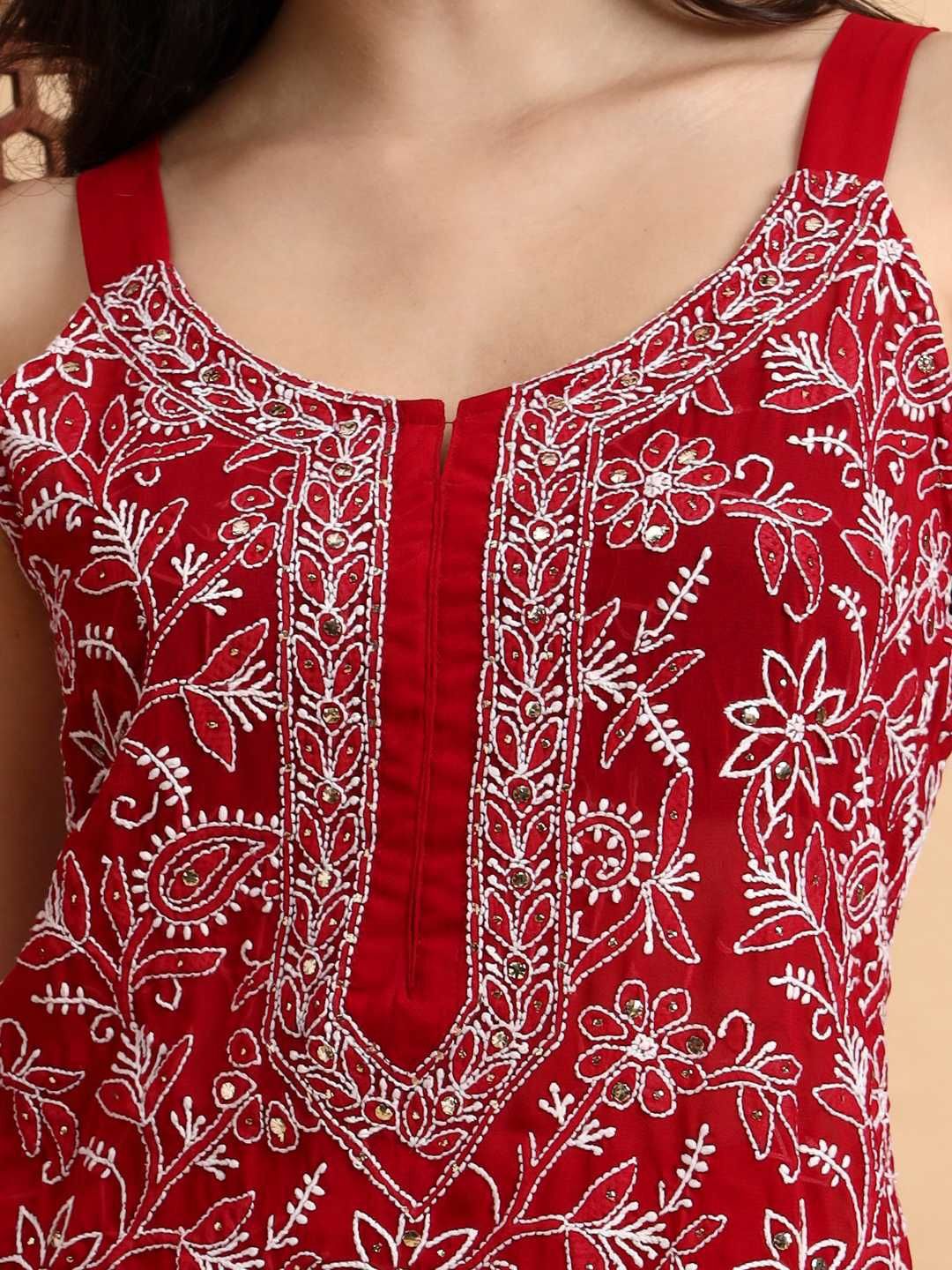 Dhiyona HOP Embroidered Chikankari Georgette Straight Kurti & Sharara With Dupatta