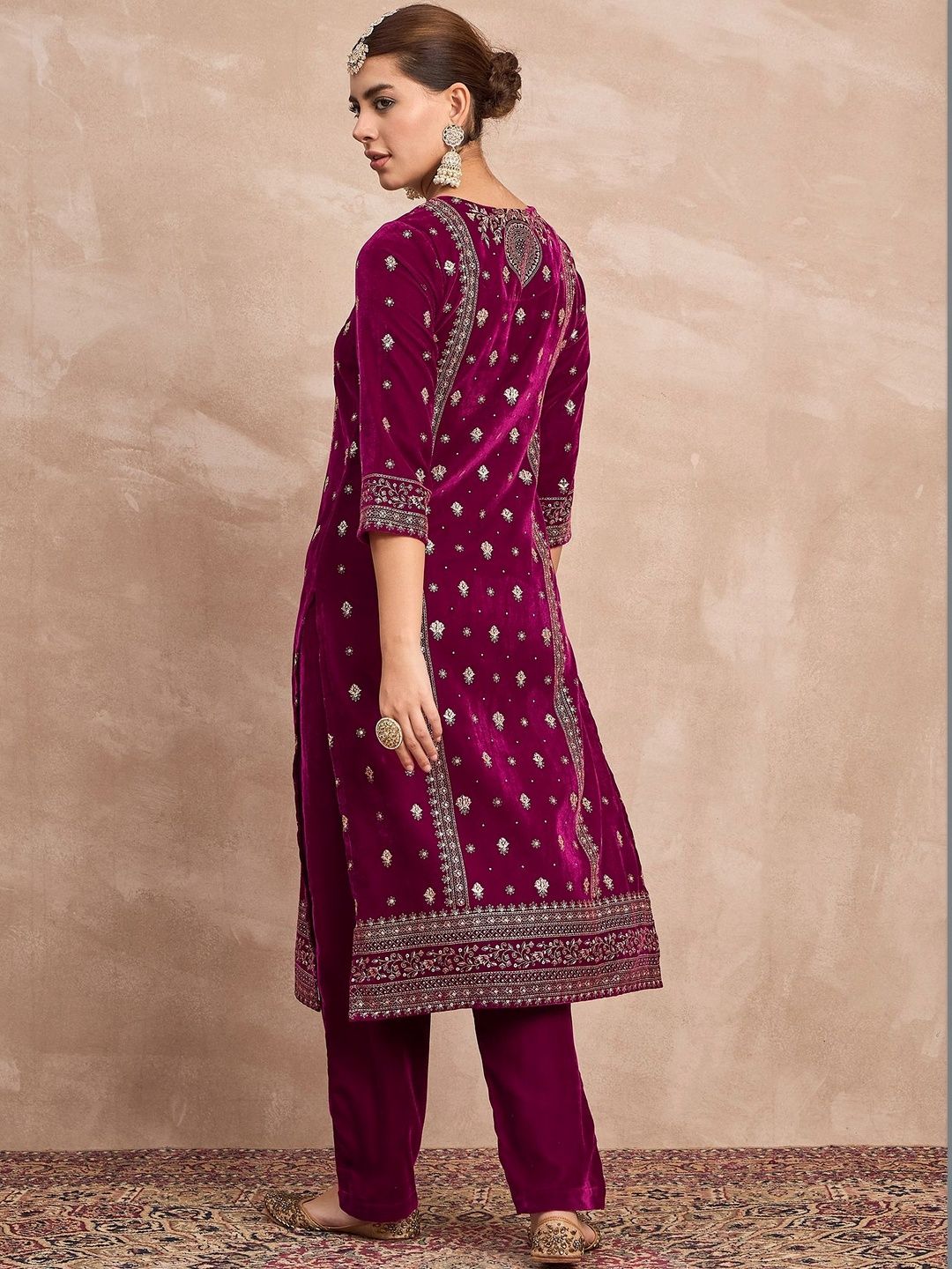 Purple Women Ethnic Motifs Embroidered Regular Thread Work Velvet Kurta with Trousers