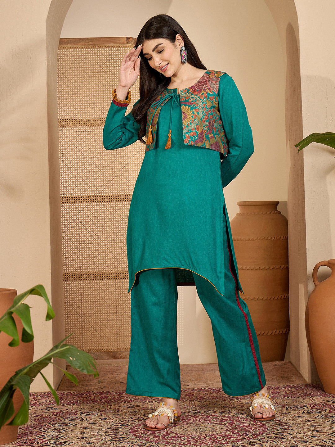 Dhiyona SN Winter Ethnic three-Piece kurta Set with Tassel-Tie Jacket