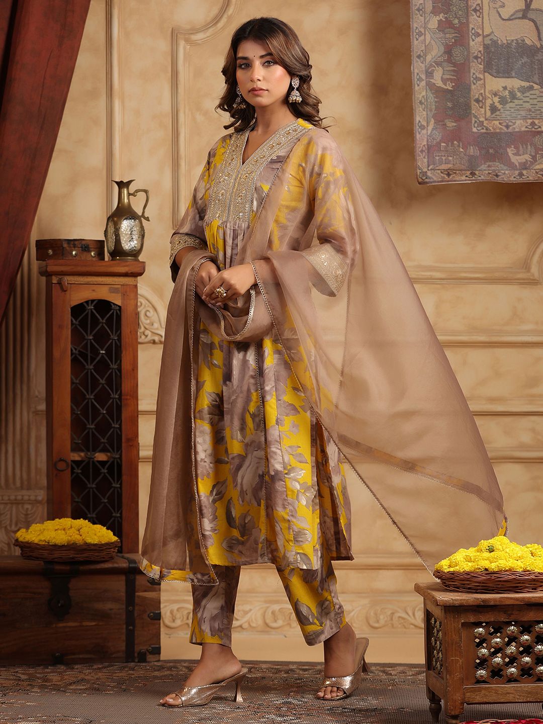 Dhiyona RR Women's Floral Printed Sequinned Pure Cotton Anarkali Kurta with Trousers & Dupatta