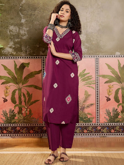 Printed Cotton V-Neck Kurta & Trousers With Dupatta
