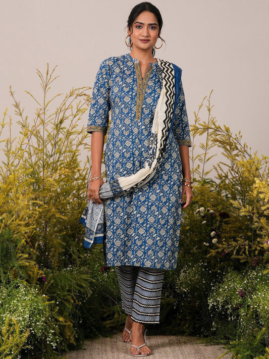 Floral Printed Cotton Straight Kurta With Trousers & Dupatta