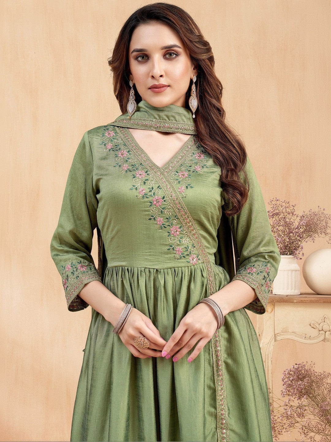 Embroidered V-Neck Kurta Trousers & Dupatta