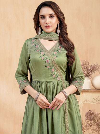 Embroidered V-Neck Kurta Trousers & Dupatta