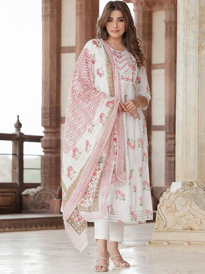 Dhiyona KL Women Ethnic Motifs Printed Pleated Pure Cotton Kurta with Trousers & With Dupatta