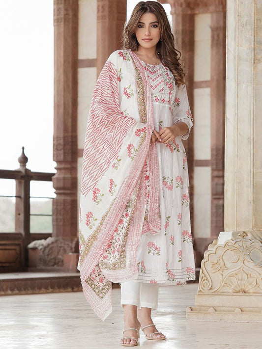 Dhiyona KL Women Ethnic Motifs Printed Pleated Pure Cotton Kurta with Trousers & With Dupatta