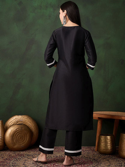 Black Floral Embroidered Three-Quarter Sleeves Chikankari Work Kurta With Trouser
