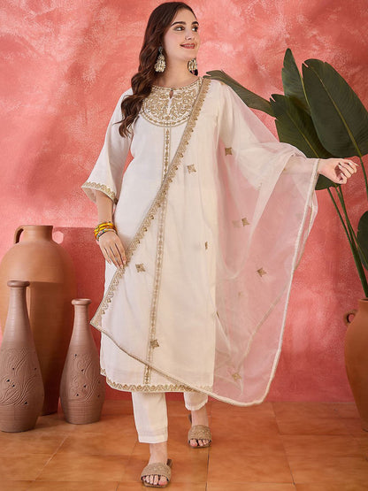 Zari Women Sequence Embroidered Straight Kurta & Trousers With Dupatta