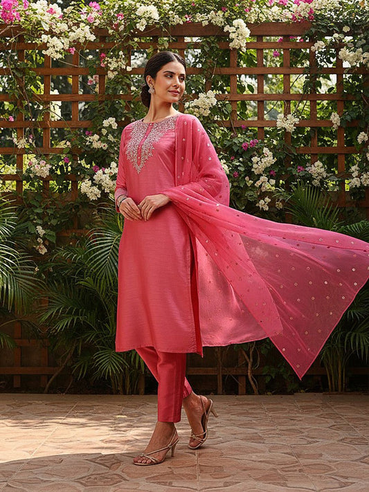 Dhiyona KL Ethnic Motifs Embroidered Regular Kurta with Trousers & Dupatta