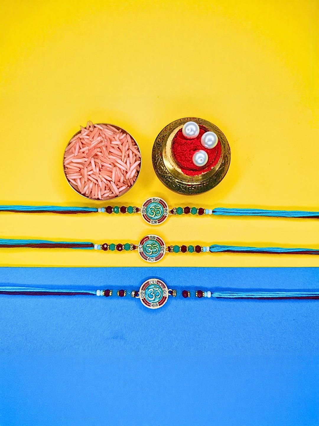 Dhiyona Set Of 3 Beaded Cotton Thread with AD Stones & Meenakari Designer Rakhi for Brother