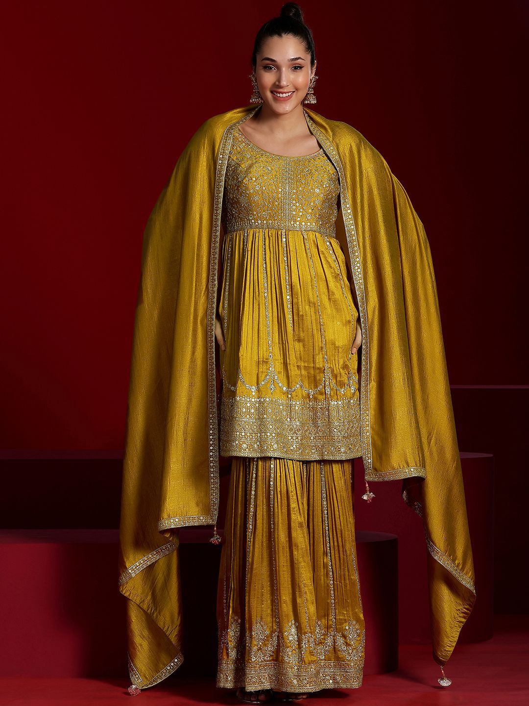Dhiyona LL Floral Embroidered Empire Sequinned Anarkali Kurta with Sharara & Dupatta