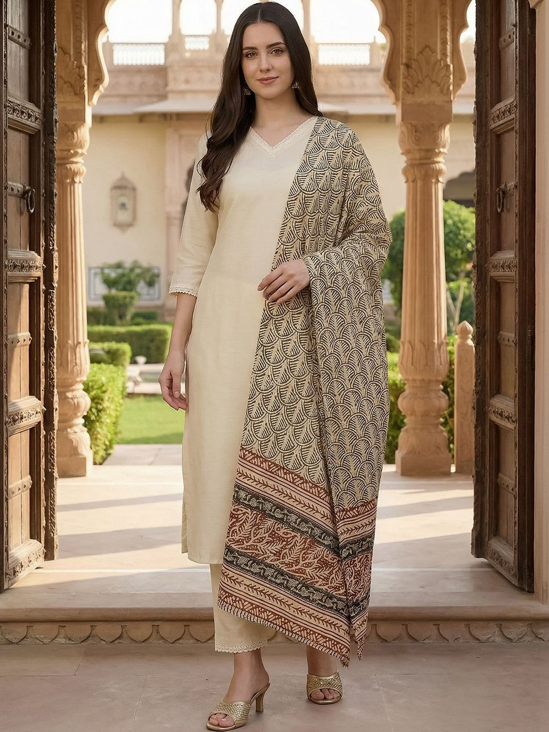 Women Ethnic Motifs Regular Kurta with Trousers & With Dupatta