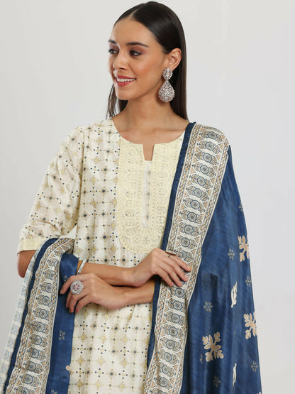 Women's LB Off White Printed Silk Blend Straight Suit With Dupatta