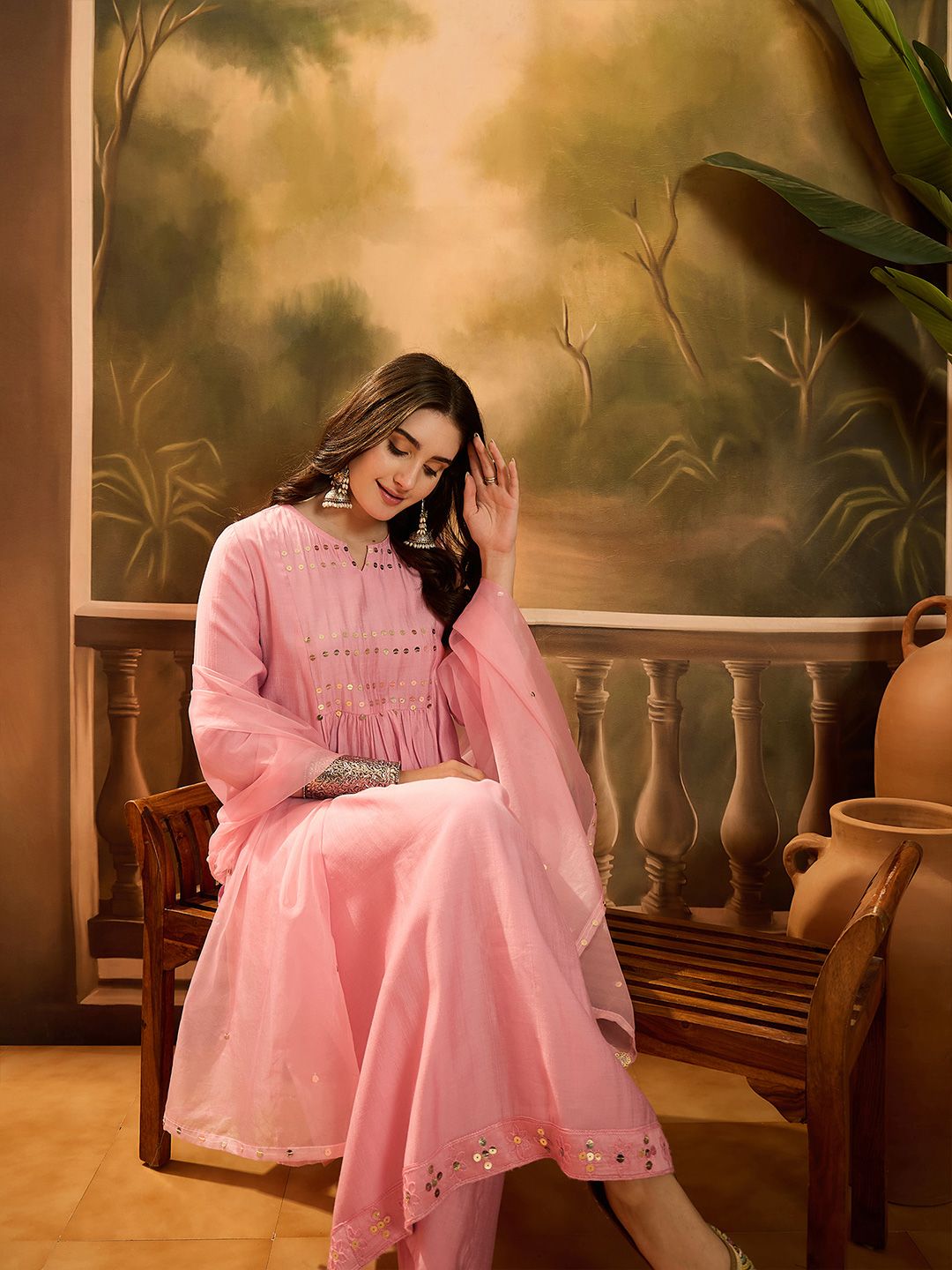 Dhiyona SN Notch Neck Sequinned Empire A-Line Kurta & Palazzo With Dupatta