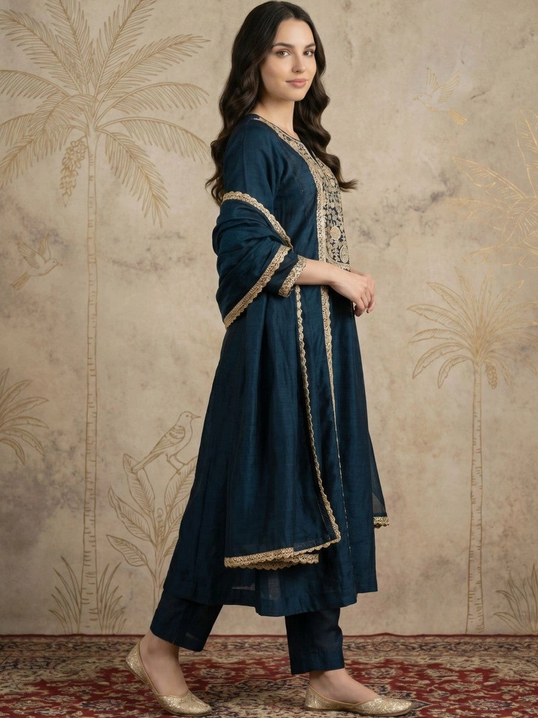 Women Ethnic Motifs Embroidered Regular Kurta with Trousers & With Dupatta