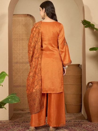 Dhiyona SN Zari Sequence Embroidered Kurta With Palazzo & Dupatta