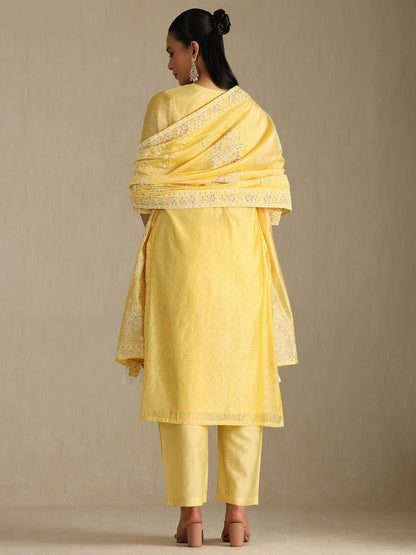 Dhiyona SO Women's Floral Embroidered V-Neck Chanderi Cotton Straight Kurta With Palazzos & Dupatta