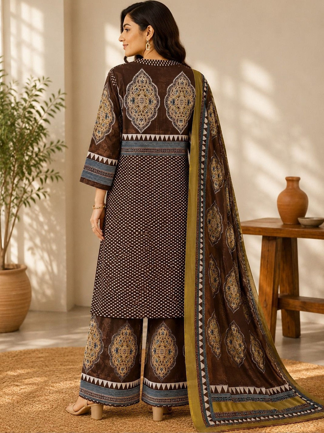 Women Ethnic Motifs Printed Regular Mirror Work Pure Cotton Kurta with Palazzos & With Dupatta