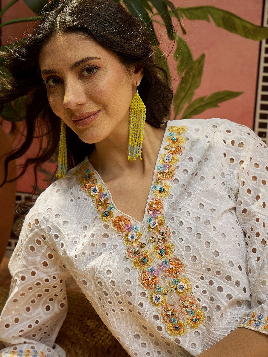 Embroidered Pure Cotton V-Neck Kurti & Trousers