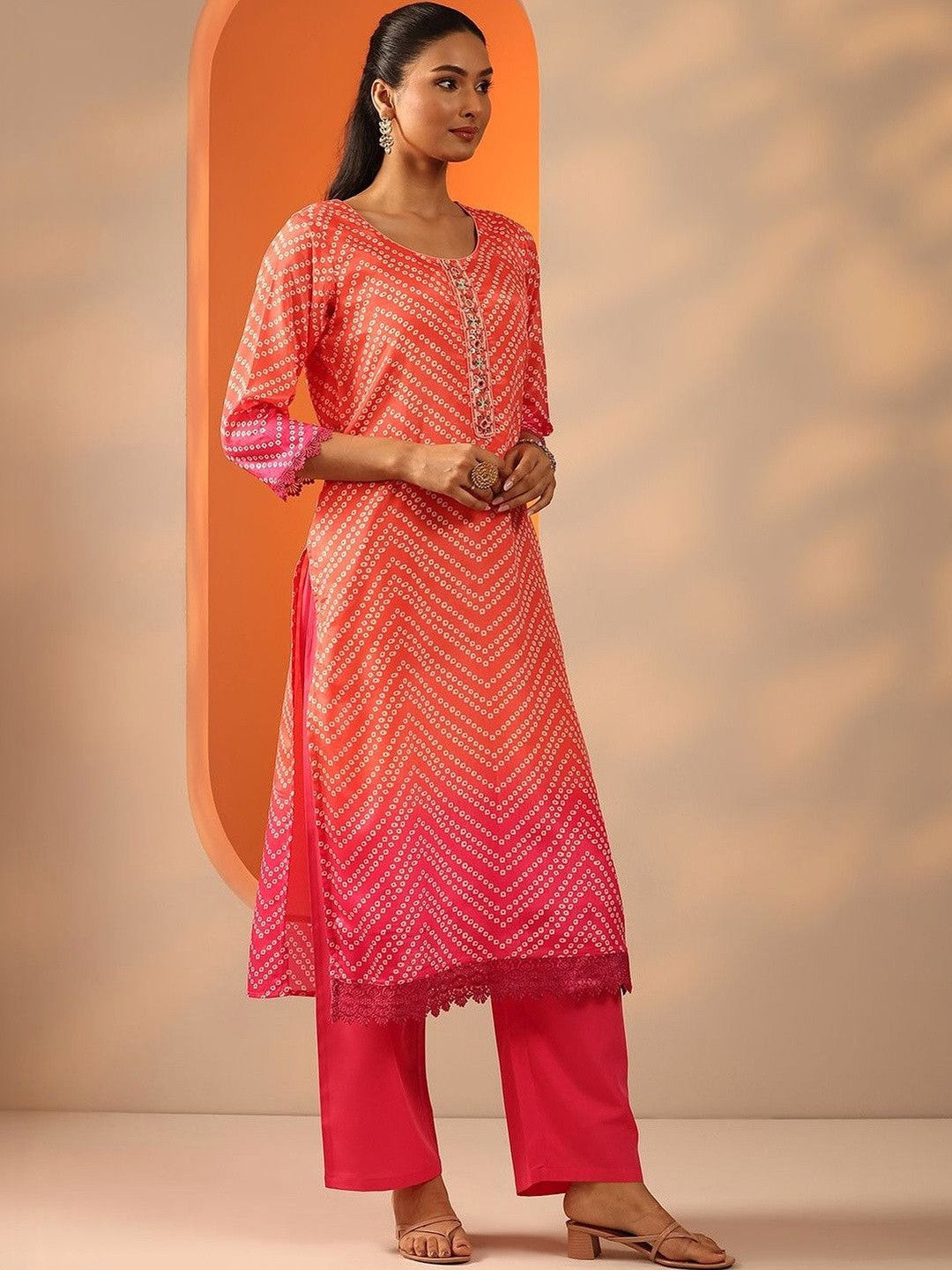 Women Leheriya Printed Regular Mirror Work Kurta with Palazzos & With Dupatta