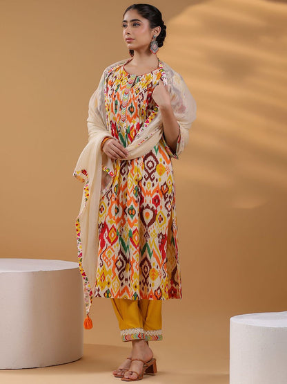 Dhiyona RR Women's Ethnic Motifs Printed Pure Cotton Straigt Kurta With Trousers & Dupatta