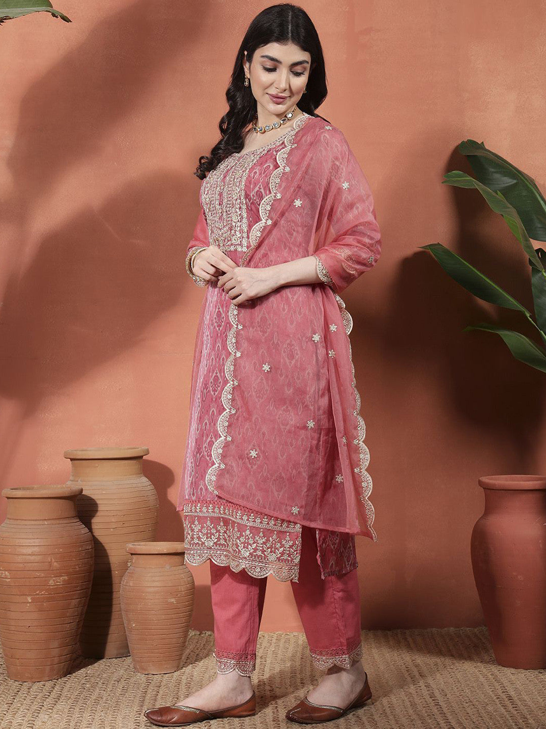 Ethnic Motifs Printed Zari Organza Straight Kurta With Trousers & Dupatta