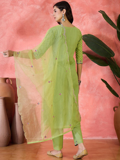 Women Ethnic Embroidered Straight Kurta & Trousers With Dupatta
