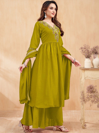Embroidered V-Neck Kurta & Palazzos With Dupatta