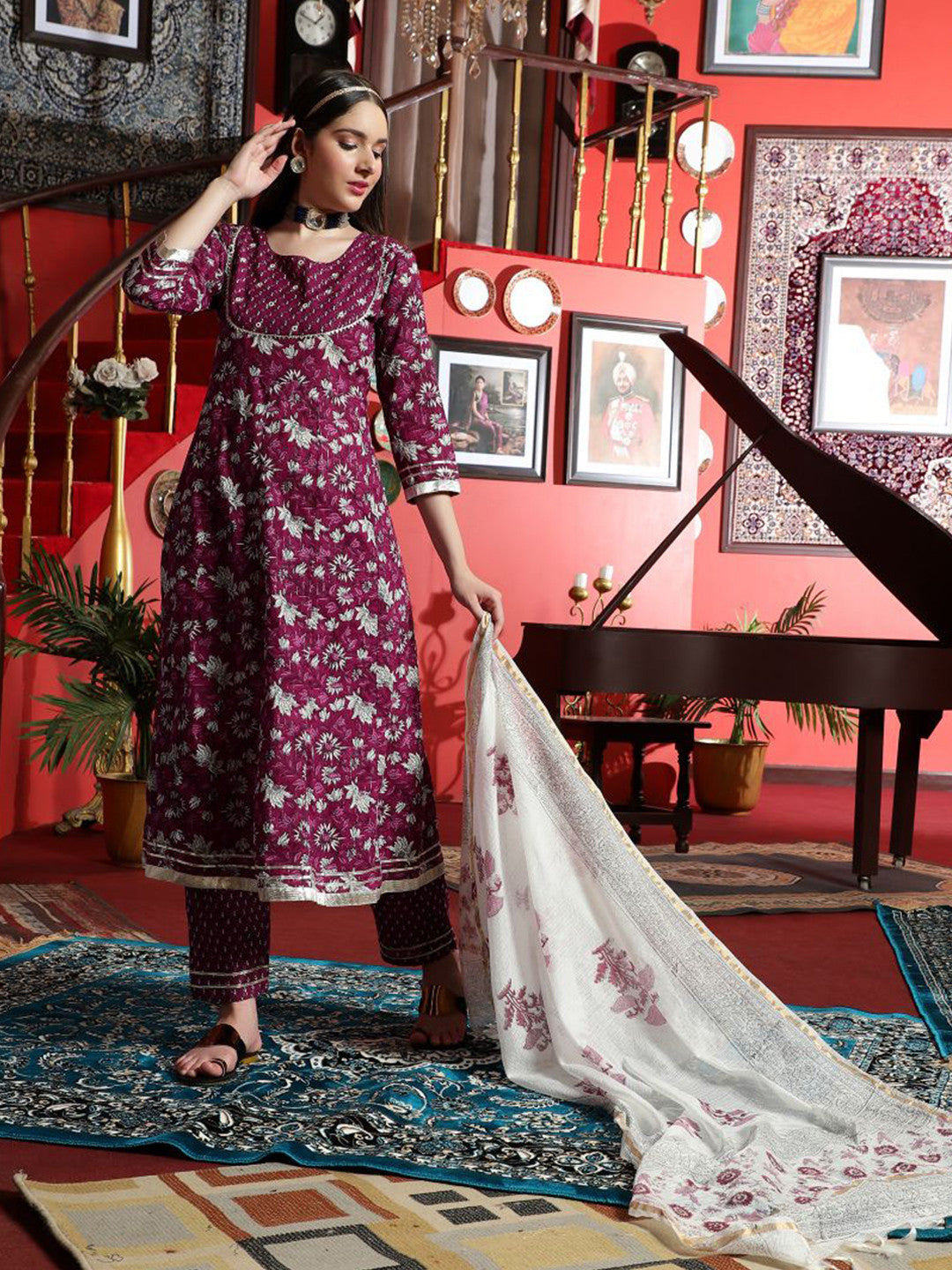 Dhiyona SN Floral Printed Round Neck Cotton A-Line Kurta With Trousers & Dupatta