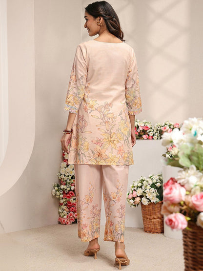 Peach Floral Printed Linen A-Line Kurta Set