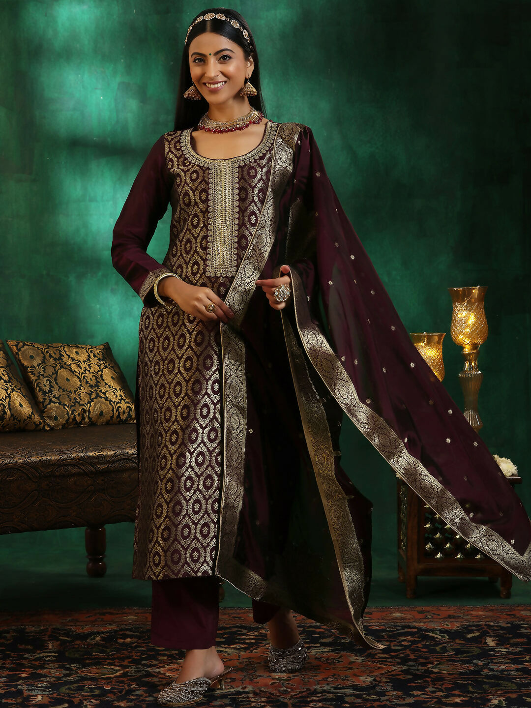 Women's LB Wine Woven Design Silk Blend Straight Suit With Dupatta