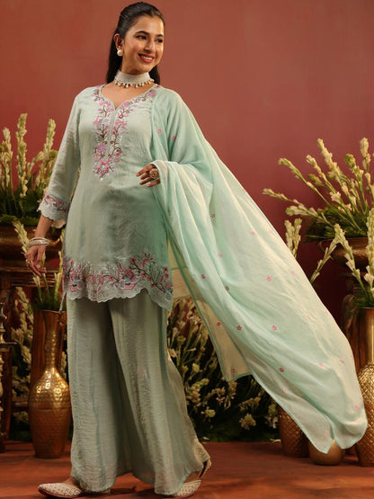 Dhiyona SC Women Embroidered Sea Green Mul Chanderi Embroidered Sharara Set