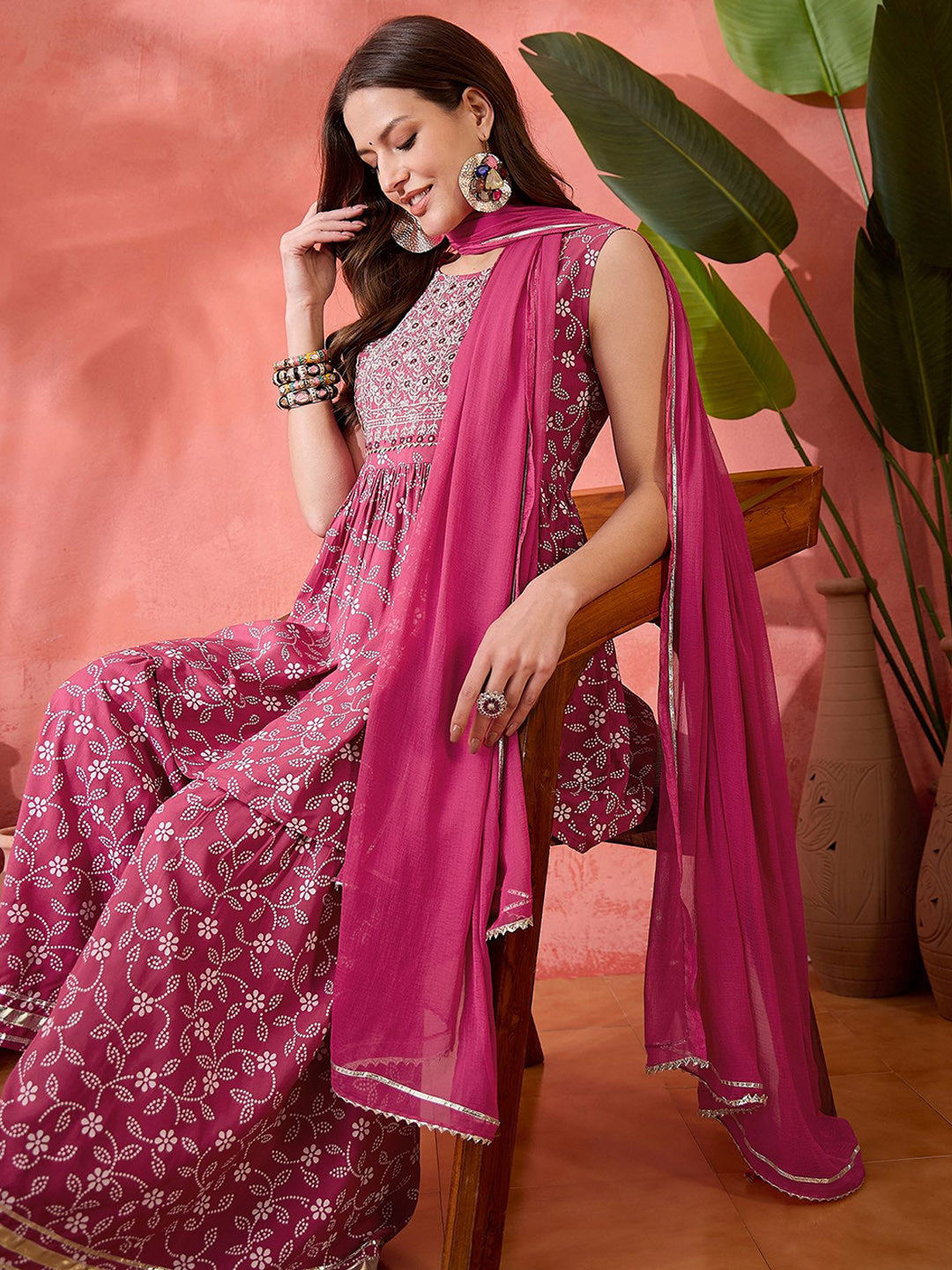 Pink Floral Embroidered Sleeveless Anarkali Kurti With Sharara And Dupatta