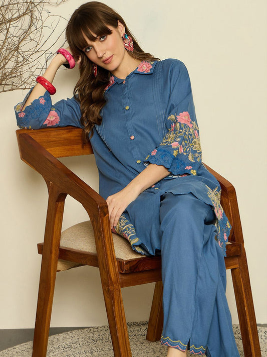 Dhiyona IE Women Embroidered Shirt Collar Top and Trousers Co-Ords