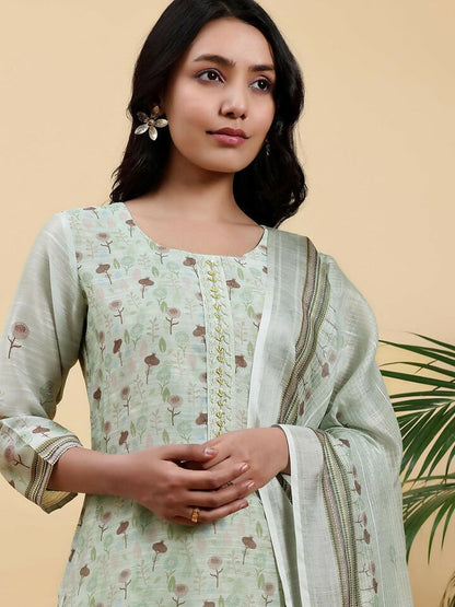 Women's LB Green Printed Chanderi Silk Pakistani Suit