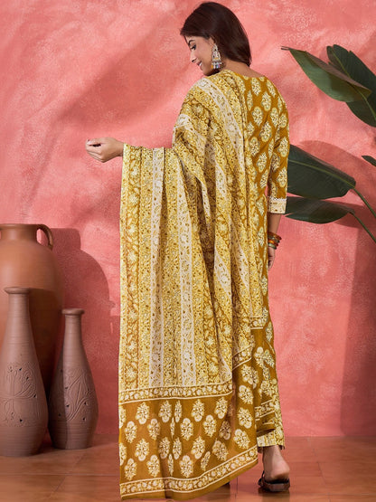 Printed Pure Cotton V-Neck Kurta & Trousers Kurta Sets