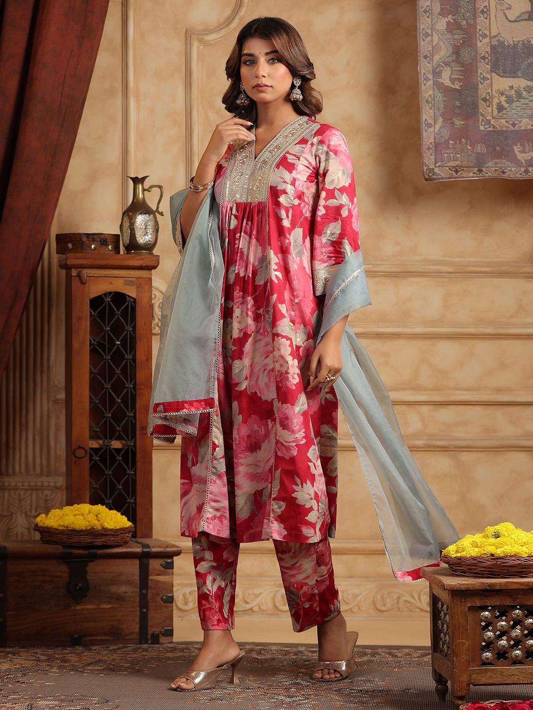 Dhiyona RR Women's Floral Printed Sequinned Pure Cotton Anarkali Kurta with Trousers & Dupatta
