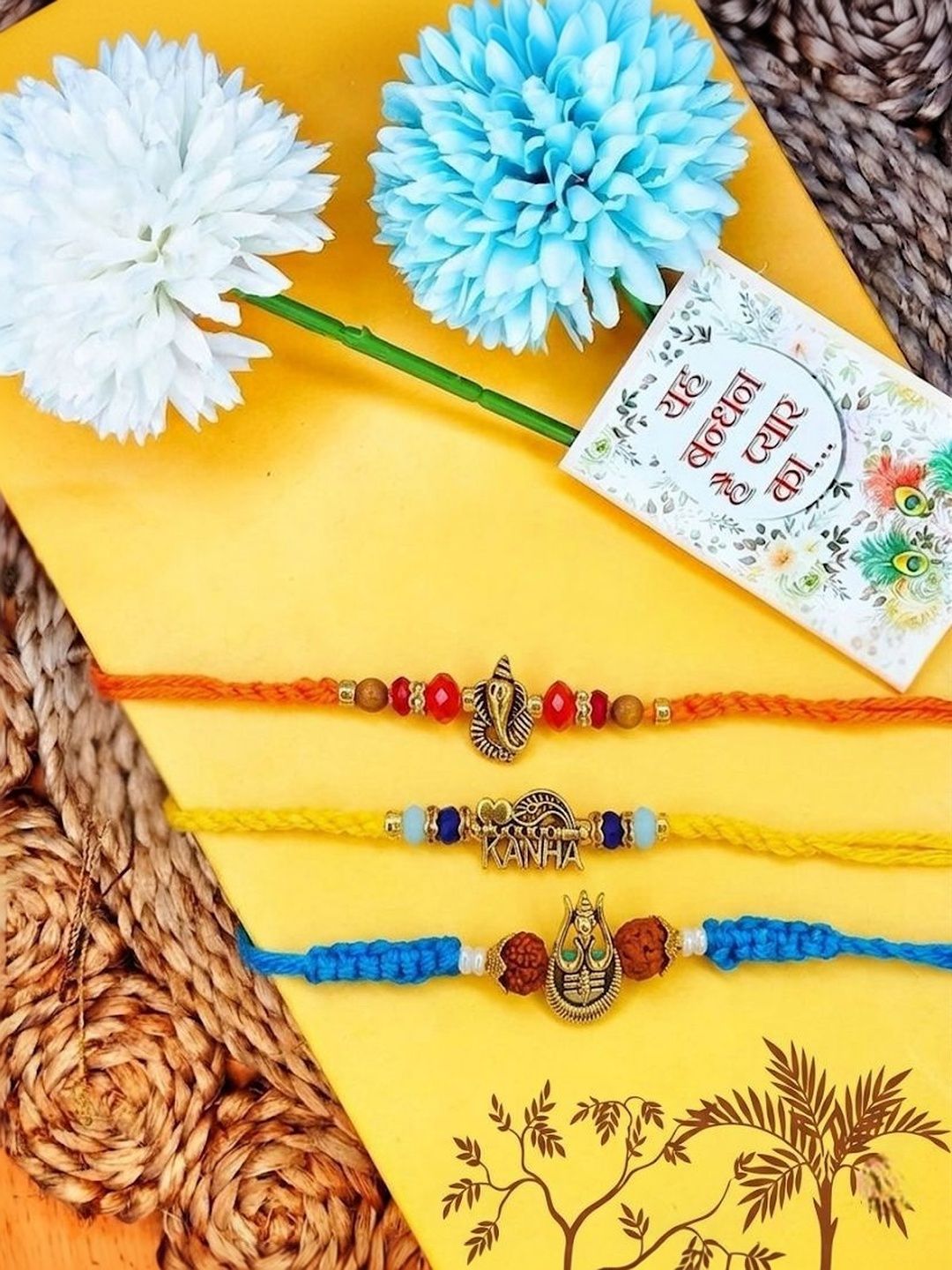 Dhiyona Set Of 3 Rudraksh Religious Rakhi Thread Rakhi Roli Chawal Chandan Mishri