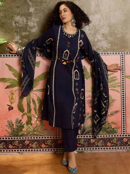 Printed Pure Cotton Round Neck Kurta & Trousers With Dupatta