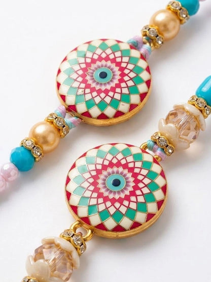 Dhiyona Set Of 2 Floral Design Bhaiya Bhabhi Rakhi With Roli Chawal Chandan Mishri