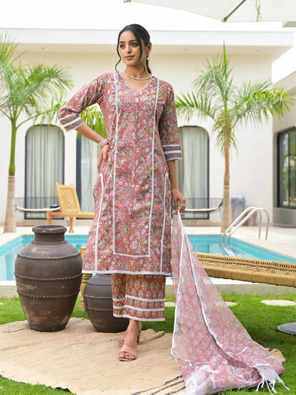Dhiyona KL Floral Printed V-Neck Pure Cotton Kurta with Trouser And Dupatta