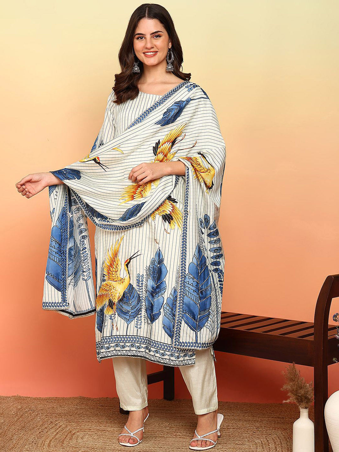 Floral Printed Thread Work Art Silk Straight Kurta With Trousers & Dupatta